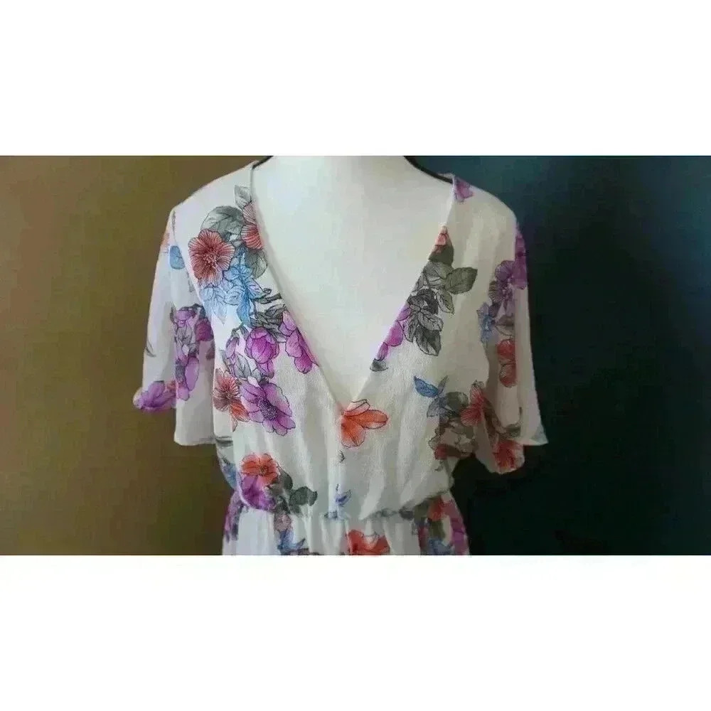 Crystal Sky White Floral Maxi V-Neck Flutter Short Sleeves Boho Dress Size 9 - Picture 2 of 15